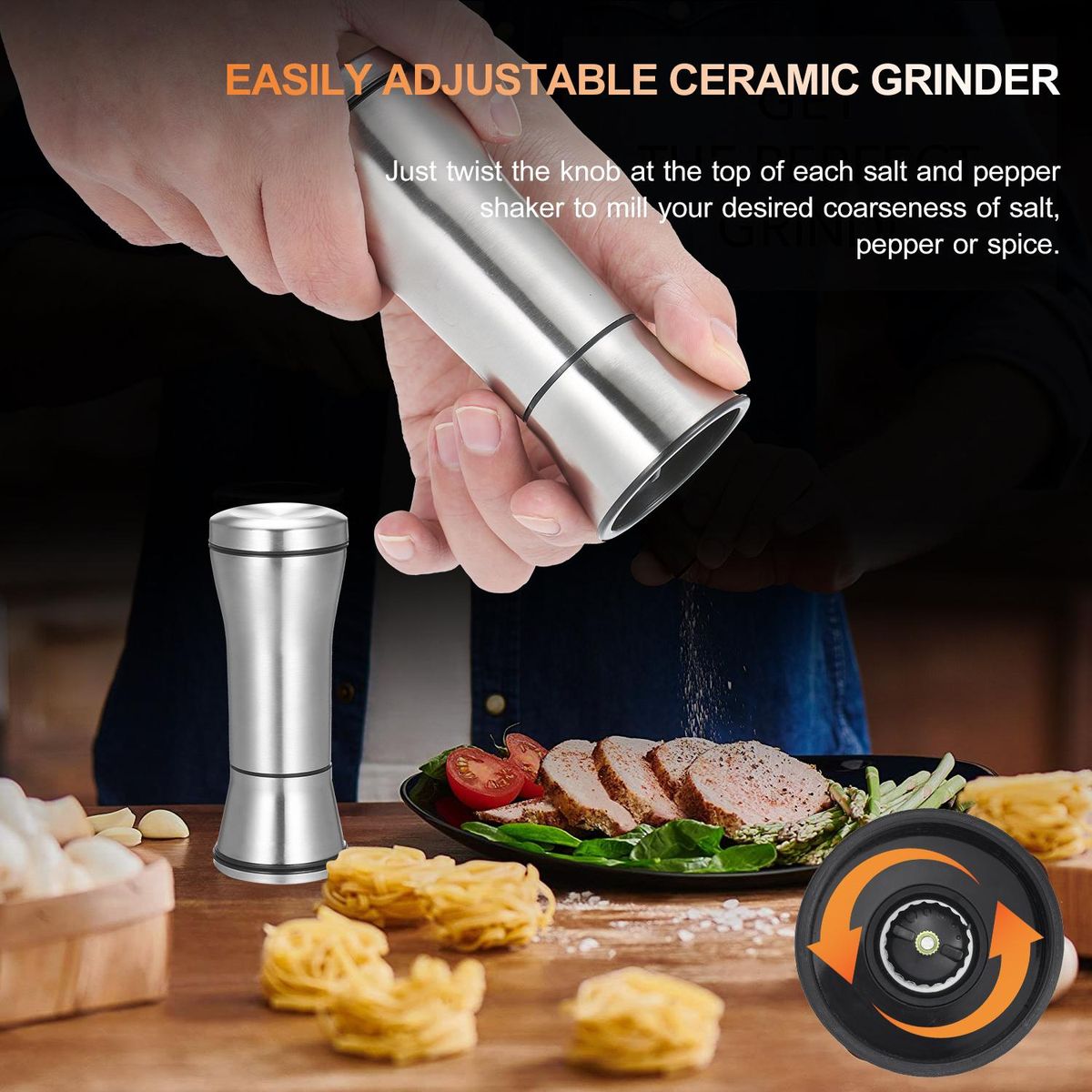 Salt and Pepper Grinder Refillable Coarseness Adjustable 304 Stainless Steel Salt and Pepper Mill Shakers With Lid Seasoning Jar Holder Container