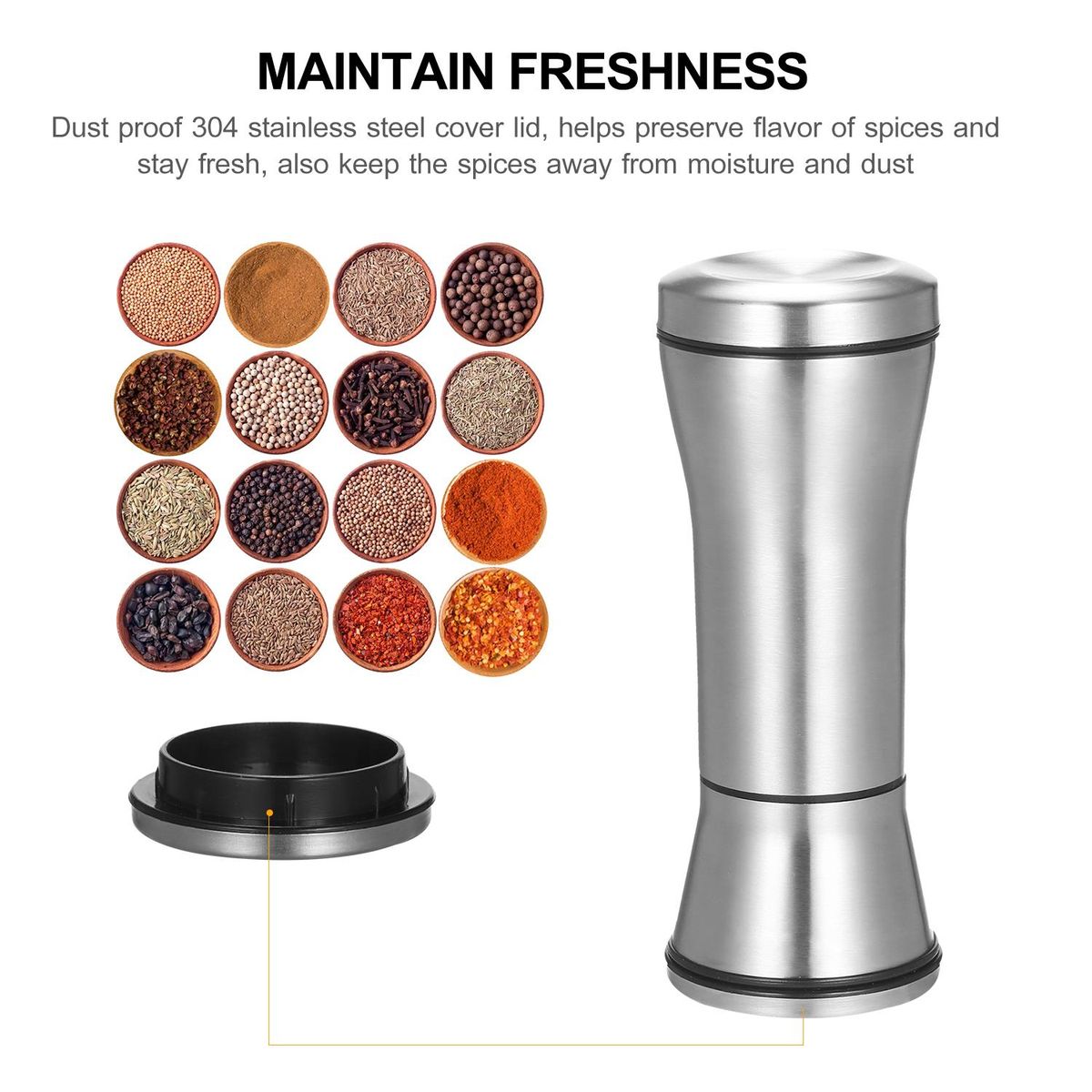 Salt and Pepper Grinder Refillable Coarseness Adjustable 304 Stainless Steel Salt and Pepper Mill Shakers With Lid Seasoning Jar Holder Container