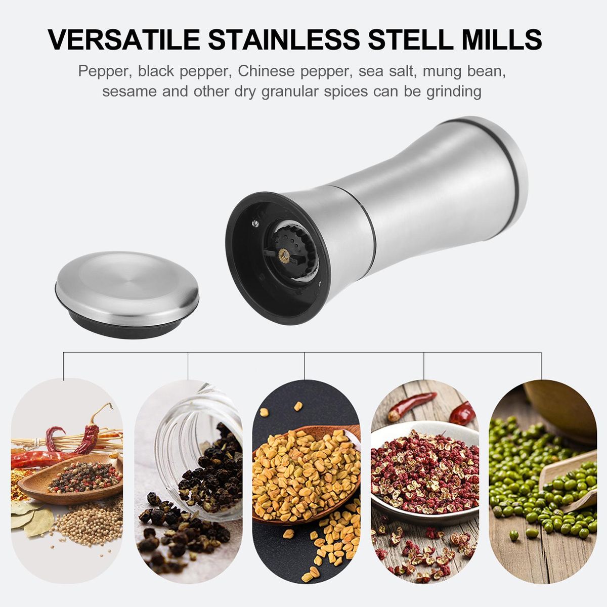 Salt and Pepper Grinder Refillable Coarseness Adjustable 304 Stainless Steel Salt and Pepper Mill Shakers With Lid Seasoning Jar Holder Container